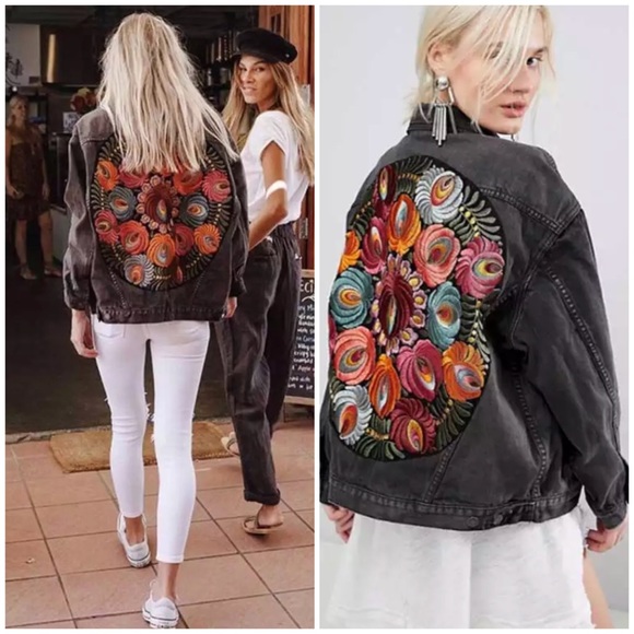 Jackets & Blazers - Boho Embroidered Floral Black Denim Jacket